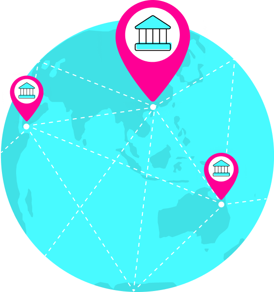 globe icon with bank with location icon on top of it