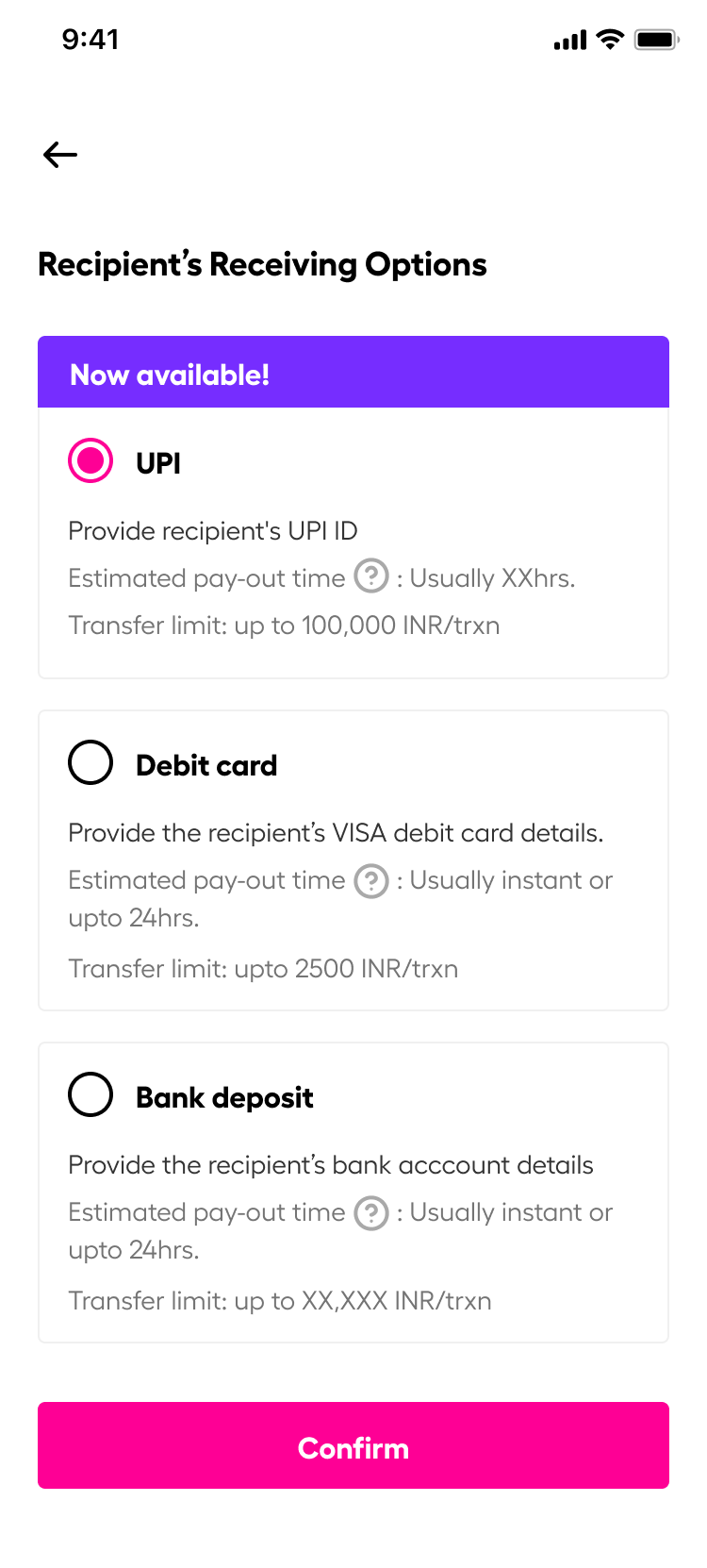 UPI transfer method in Instarem app