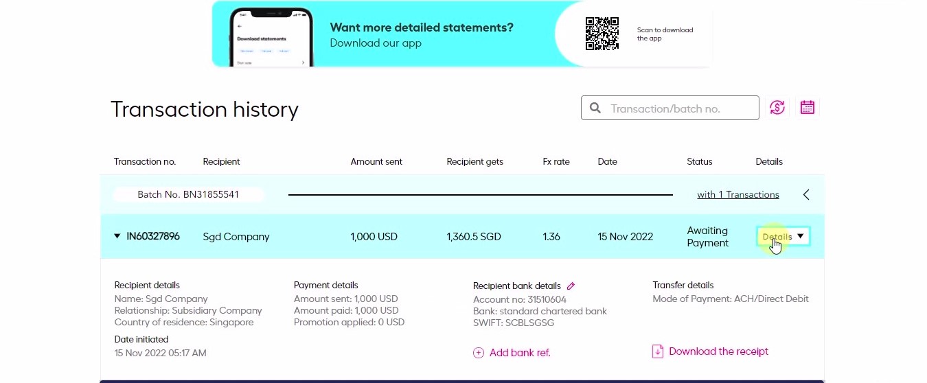 transaction history details and download receipt from Instarem business payment platform