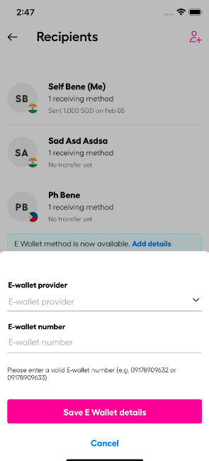 e wallet add number