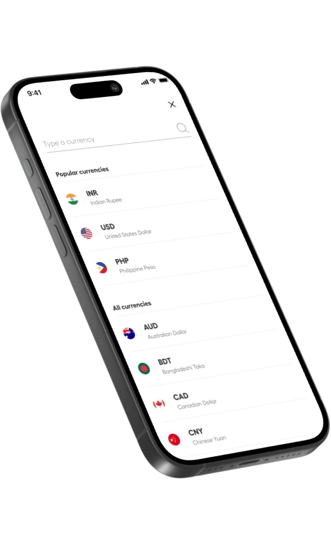 Smartphone screen showing a currency app with a list of popular currencies (INR, USD, PHP) and country names