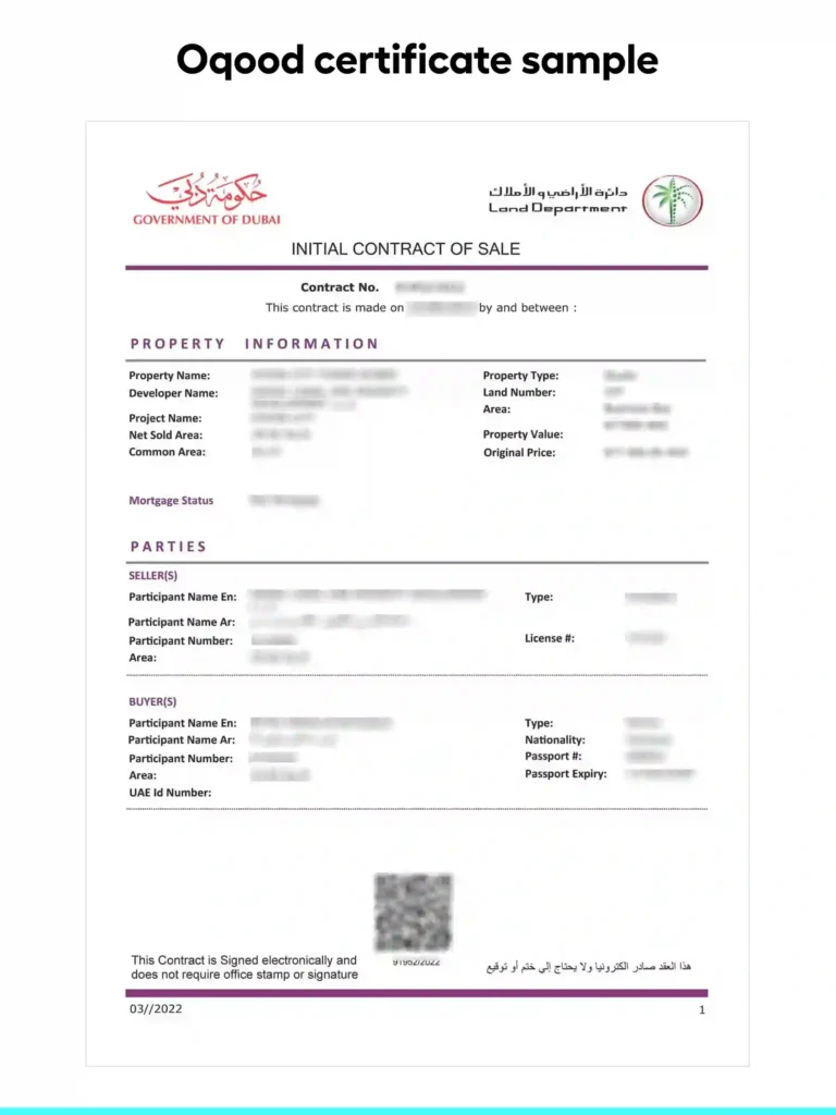 Sample Oqood certificate issued by the Dubai Land Department for an off-plan property purchase, with personal details redacted