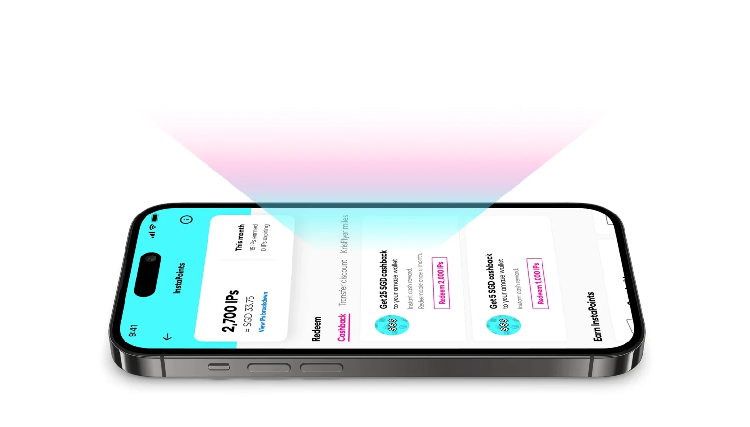 Angled smartphone showing a card-based app interface with a blue header and white cards, with a pastel pink-to-blue gradient glow above the screen edge meaning promo/feature display.
