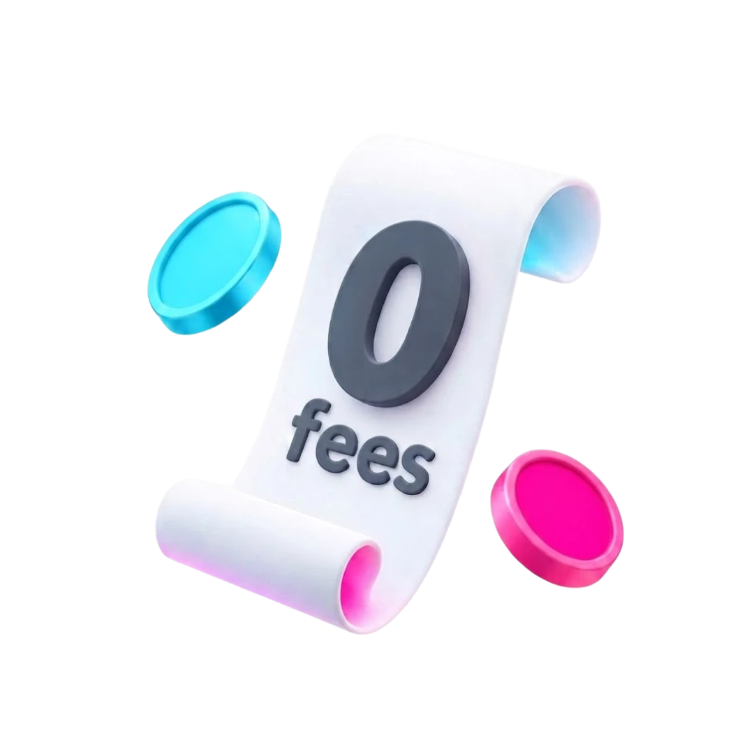 Receipt scroll showing '0 fees' with blue and pink caps around it, conveying no additional charges for services.